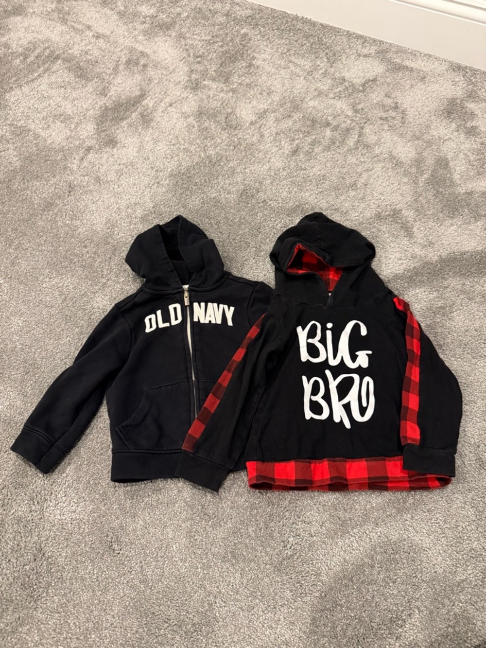 Old Navy Black Zip Hoodie & Black 'Big Bro' Hoodie with Red Plaid Trim